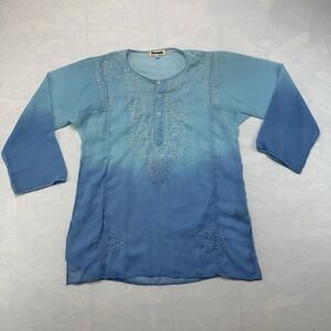 Vintage Pineapple Sheer Embroidered Blouse Blue Women's Medium 40 Boho